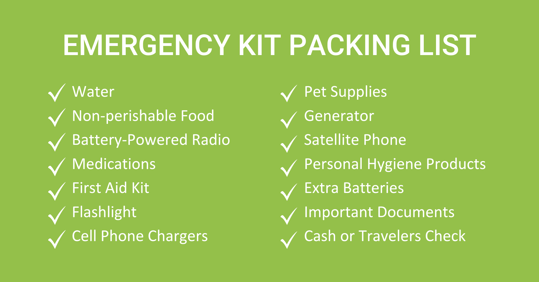 A list of items to pack in an emergency weather kit.