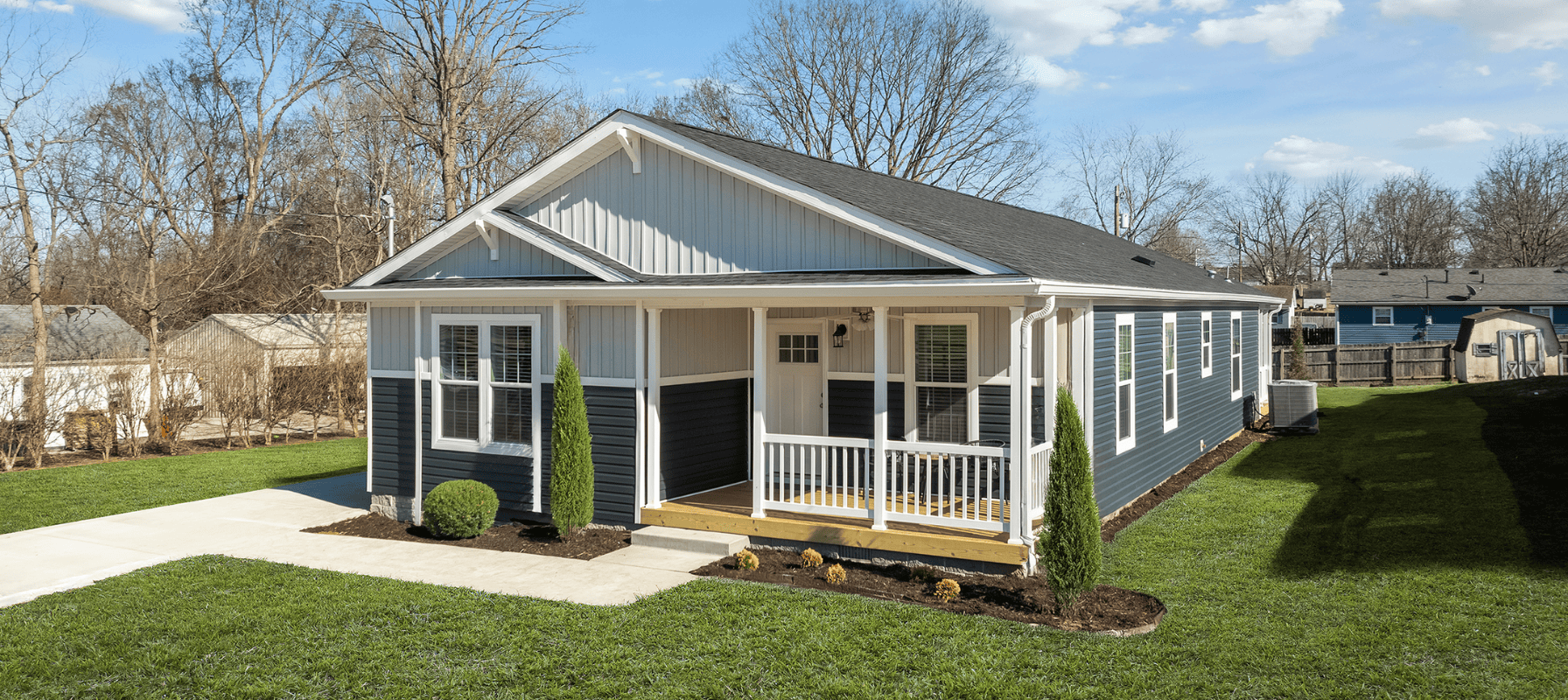 The front exterior of a DOE Efficient New Home on an infill lot in Versailles, KY.